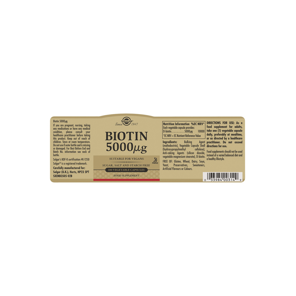 Solgar Biotin 5000 &mu;g  Vegetable Capsules - Pack of 100
