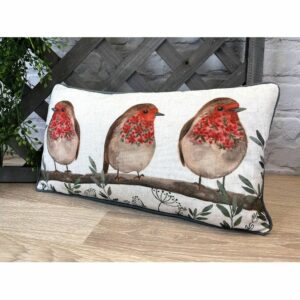 Langs 45cm White Fabric Robin With Flowers Cushion